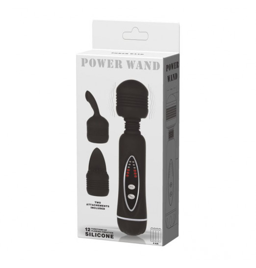 Черный вибромассажер со сменными насадками Power Wand - 20,5 см.