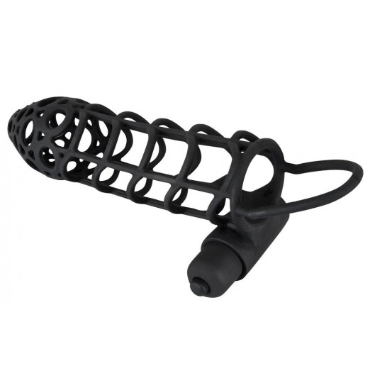 Чёрная закрытая насадка-сетка на пенис с вибрацией Black Velvet - 14 см.