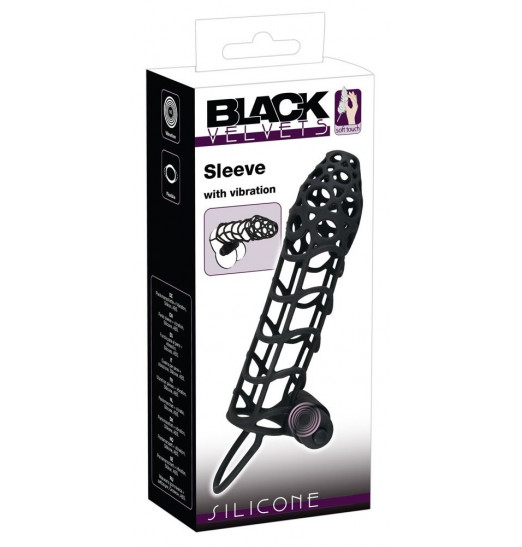 Чёрная закрытая насадка-сетка на пенис с вибрацией Black Velvet - 14 см.