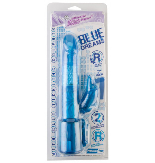Синий вибратор с клиторальным стимулятором-дельфином - 17,8 см.