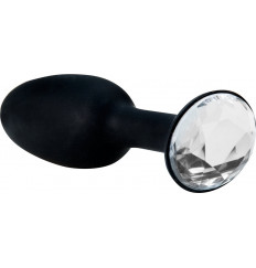 Чёрная силиконовая анальная пробка с кристаллом в основании - 8,5 см.