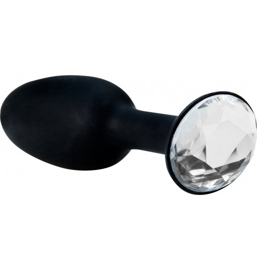 Чёрная силиконовая анальная пробка с кристаллом в основании - 8,5 см.