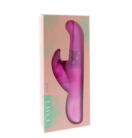 Розовый вибратор LAYLA GIGLI с загнутым кончиком и клиторальным отростком - 25 см.