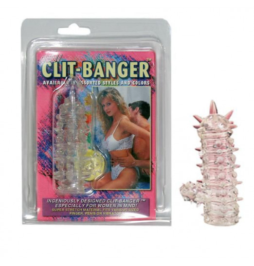 Прозрачная насадка с шипами и клиторальной шишечкой CLIT-BANGER SLEEVE IN CLEAR