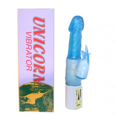 Голубой вибратор с клиторальным отростком в виде единорога UNICORN - 18 см.