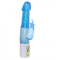 Голубой вибратор с клиторальным отростком в виде единорога UNICORN - 18 см.