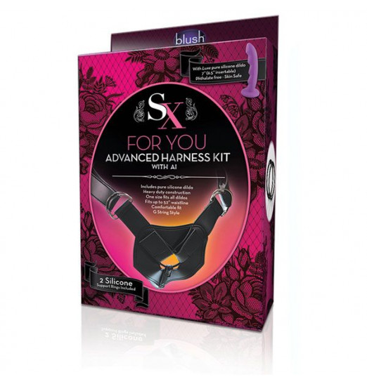 Фиолетовый страпон на регулируемом поясе с кольцами ADVANCED HARNESS KIT WITH AI - 16,5 см.