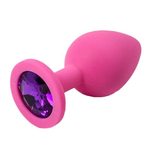 Розовая силиконовая пробка с фиолетовым кристаллом - 8,2 см.