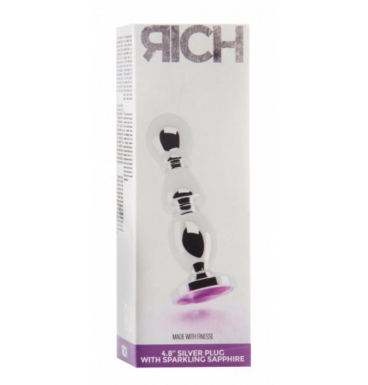 Серебристая фигурная анальная пробка с фиолетовым кристаллом - 14 см.