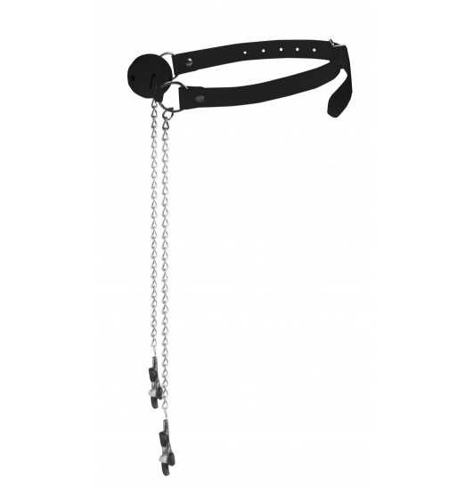 Чёрный резиновый кляп-шар с зажимами для сосков