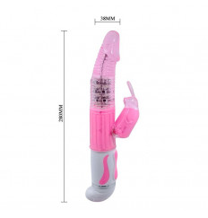 Розовый вибромассажер-ротатор со стимулятором клитора - 28 см.