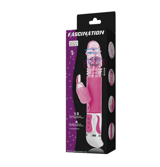 Розовый вибратор-ротатор со стимулятором клитора и возвратно-поступательными движениями - 30 см.