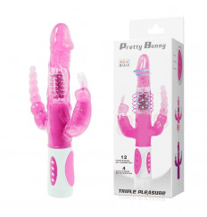 Розовый вибратор-ротатор с анальным и клиторальным стимуляторами - 22,3 см.