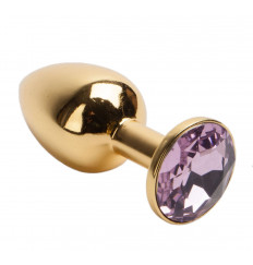 Золотистая металлическая анальная пробка с розовым стразом - 7,6 см.