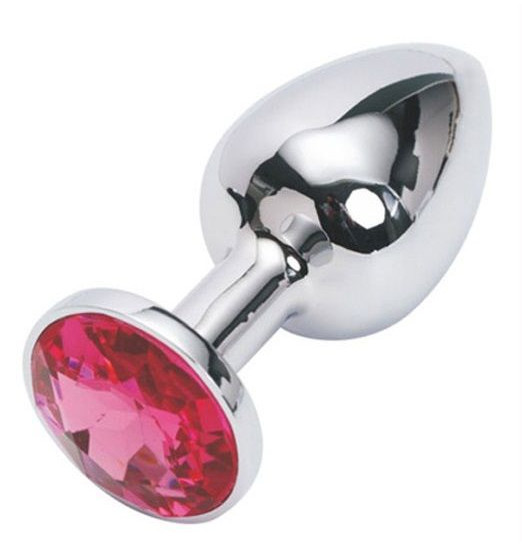 Серебряная металлическая анальная пробка с красным стразиком - 7,6 см.