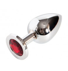 Серебряная металлическая анальная пробка среднего размера с красным стразиком - 8,2 см.