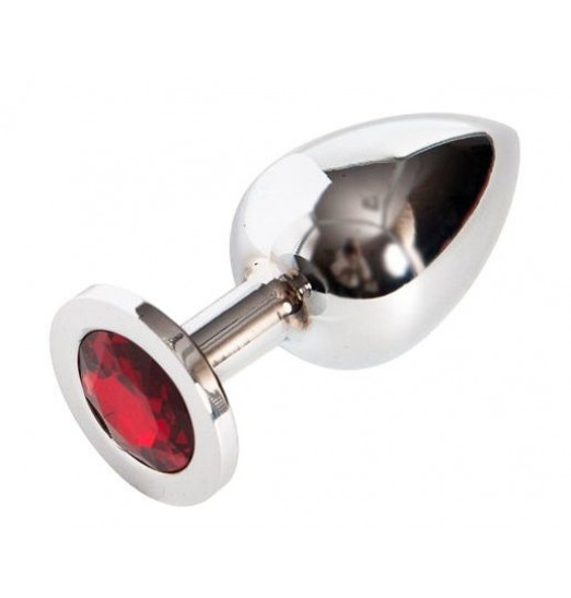 Серебряная металлическая анальная пробка среднего размера с красным стразиком - 8,2 см.