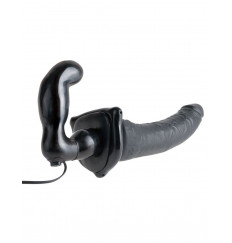 Черный страпон с вагинальной пробкой Deluxe Vibrating Penetrix Strap-On - 19 см.