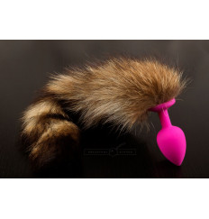 Розовая силиконовая анальная пробка с хвостом енота - 6 см.