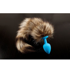 Голубая силиконовая анальная пробка с хвостом енота - 6 см.
