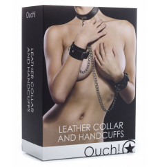 Чёрный комплект для бондажа Leather Collar and Handcuffs