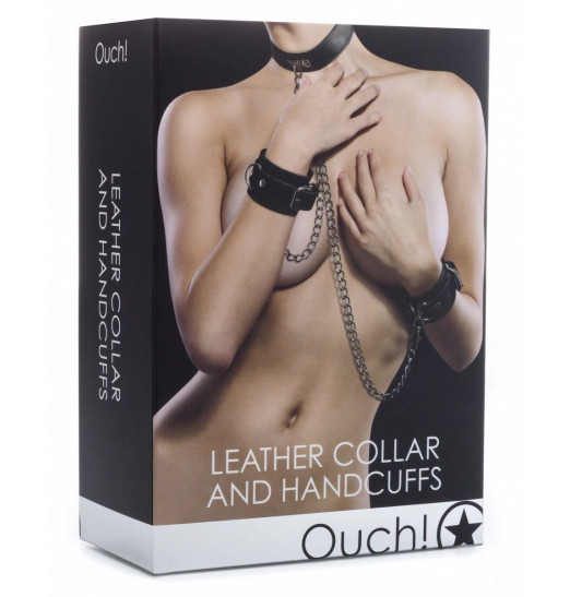 Чёрный комплект для бондажа Leather Collar and Handcuffs Чёрный комплект для бондажа Leather Collar and Handcuffs