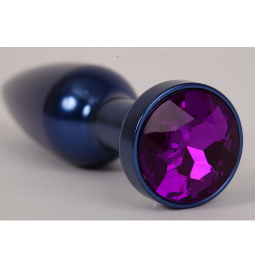 Большая синяя анальная пробка с фиолетовым стразом - 11,2 см.