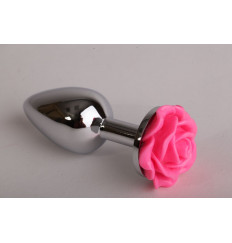 Серебристая анальная пробка с розовой розочкой - 7,6 см. Серебристая анальная пробка с розовой розочкой - 7,6 см.