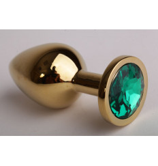 Золотистая анальная пробка с зеленым кристаллом - 8,2 см.