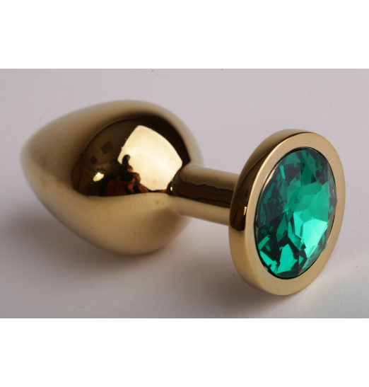 Золотистая анальная пробка с зеленым кристаллом - 8,2 см.