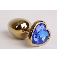 Золотистая анальная пробка с синим стразиком-сердечком - 7,5 см.
