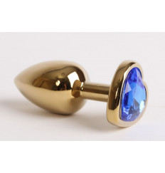 Золотистая анальная пробка с синим стразиком-сердечком - 8 см.