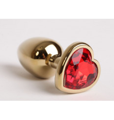 Золотистая анальная пробка с красным стразиком-сердечком - 8 см.