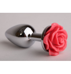 Серебристая анальная пробка с красной розочкой - 8 см. Серебристая анальная пробка с красной розочкой - 8 см.