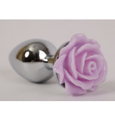 Серебристая анальная пробка с сиреневой розочкой - 8 см. Серебристая анальная пробка с сиреневой розочкой - 8 см.