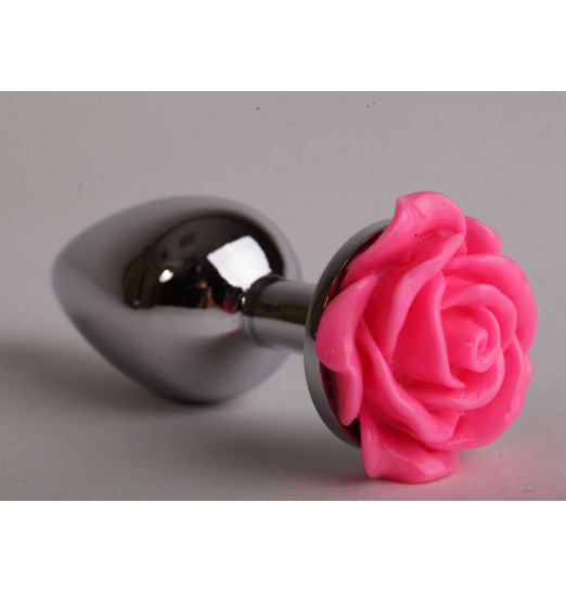 Серебристая анальная пробка с розовой розочкой - 9,5 см.