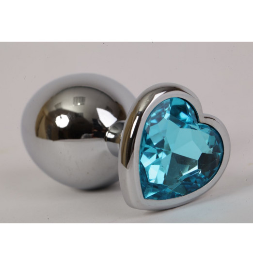 Золотистая анальная пробка с голубым стразиком-сердечком - 8 см.