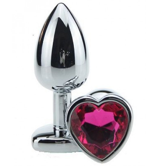 Серебристая анальная пробка с красным стразиком-сердечком - 8 см.