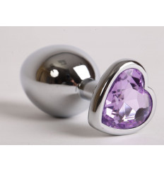 Серебристая анальная пробка с сиреневым стразиком-сердечком - 8 см. Серебристая анальная пробка с сиреневым стразиком-сердечком - 8 см.