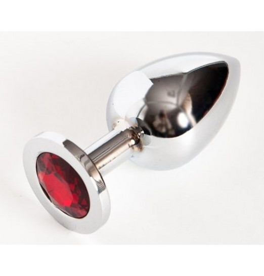 Серебристая анальная пробка с красным стразом - 9,5 см.