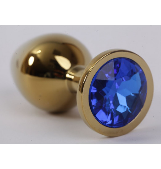 Золотистая анальная пробка с синим кристаллом - 9,5 см.