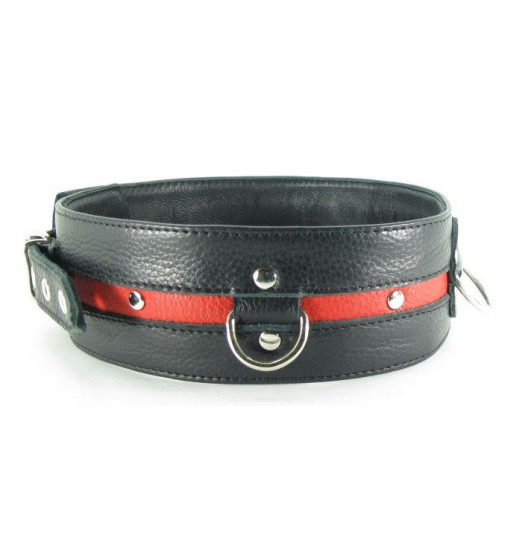 Черно-красный кожаный ошейник увеличенного размера с кольцом Черно-красный кожаный ошейник увеличенного размера с кольцом