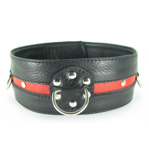 Черно-красный кожаный ошейник увеличенного размера с кольцом