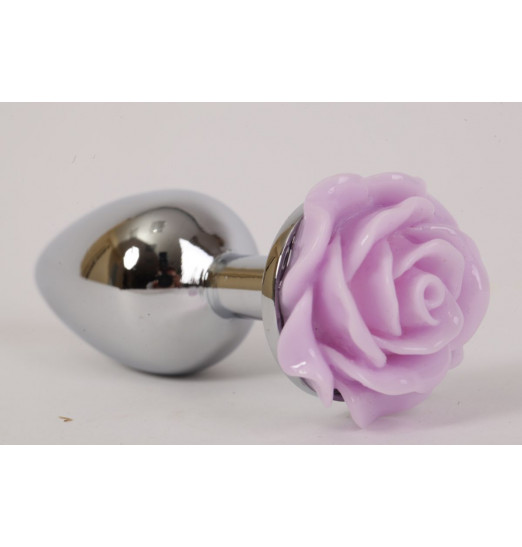Серебристая анальная пробка с сиреневой розой - 7,6 см.