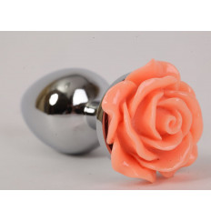 Серебристая анальная пробка с оранжевой розой - 7,6 см. Серебристая анальная пробка с оранжевой розой - 7,6 см.