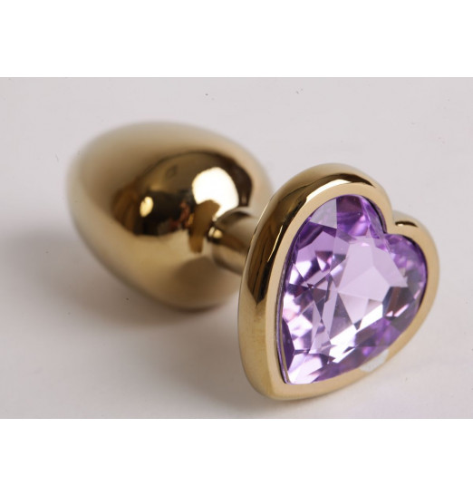 Золотистая анальная пробка с сиреневым сердечком - 8 см.