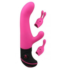 Ярко-розовый вибратор Butch Cassidy с клиторальным стимулятором и насадками к нему - 20 см.