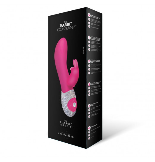Ярко-розовый вибромассажёр с клиторальным отростком и отделанной стразами рукоятью The Classic Rabbit - 22 см.