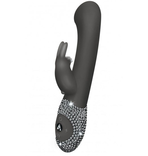 Чёрный вибратор The G-spot Rabbit со стразами на рукояти - 22 см.