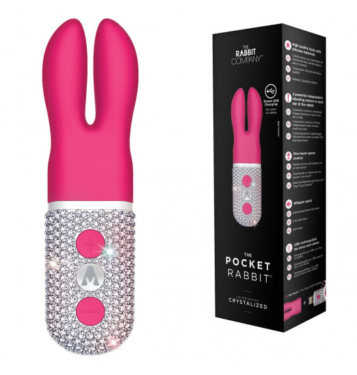 Розовый вибратор с ушками The Pocket Rabbit, украшенный кристаллами